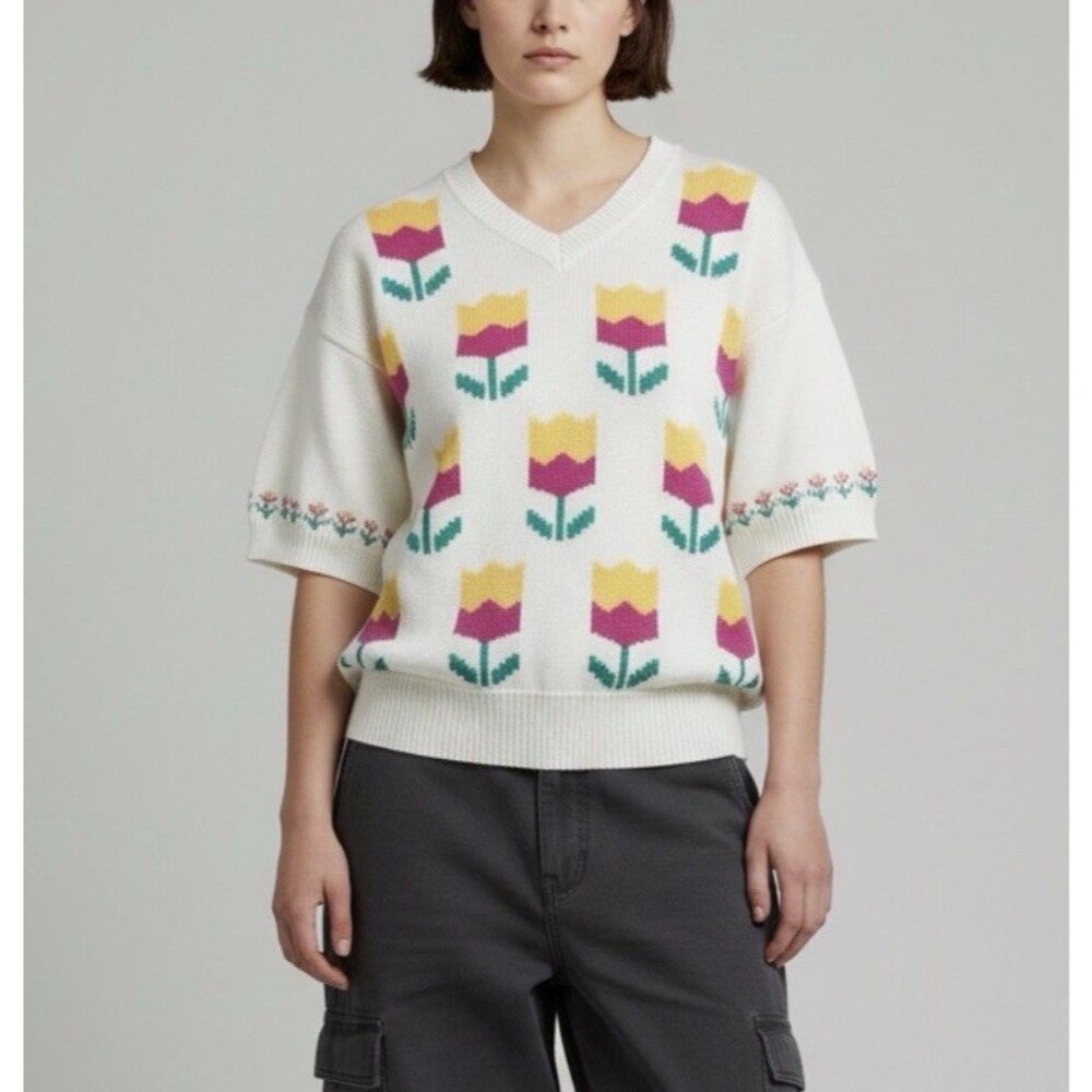 Vintage 90s Grandma Sweater Danish Modern Tulip Print V Neck L